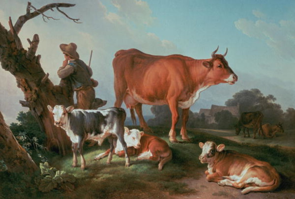 Detail of Pastoral scene with a cowherd by Jean-Baptiste Huet