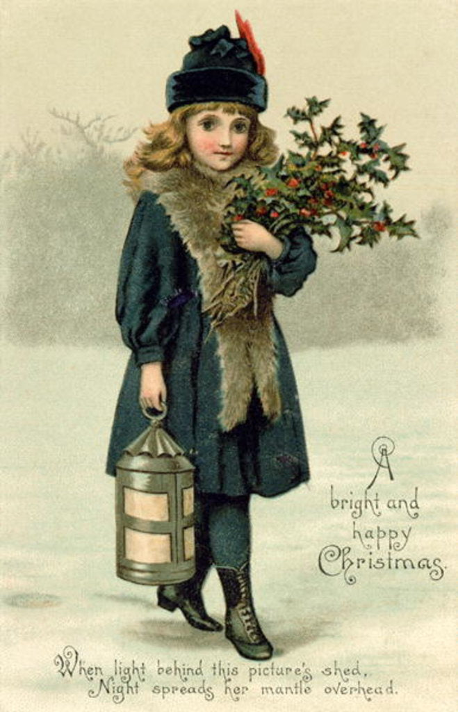 Detail of Young girl with Holly and Lantern, postcard, early 20th century by English School
