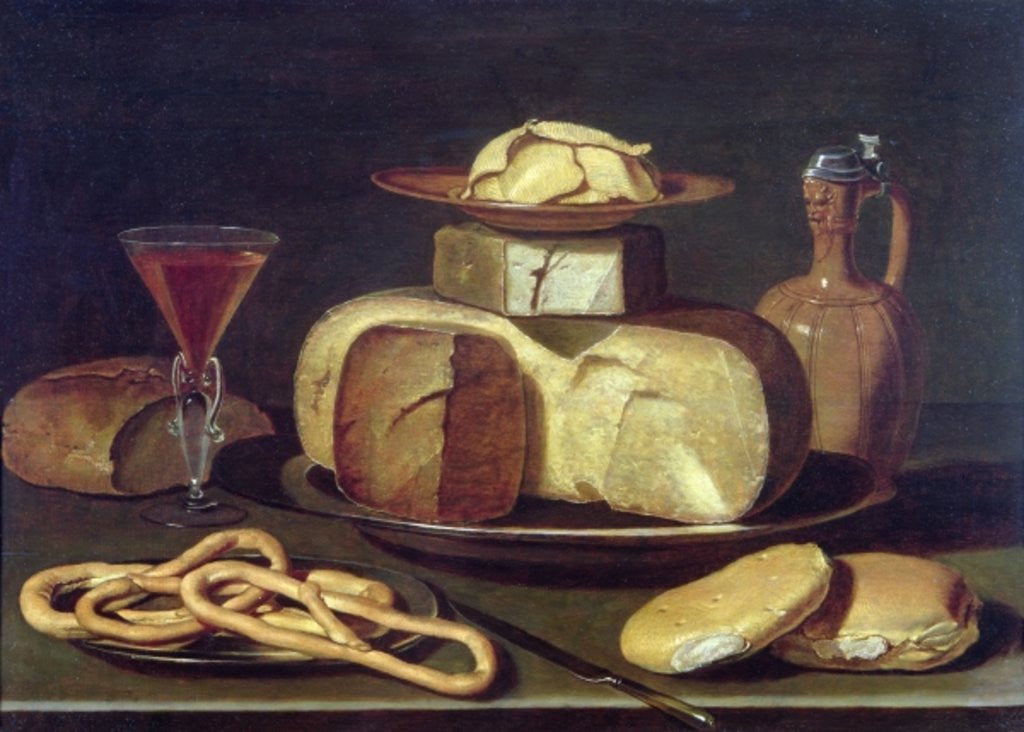Detail of Still Life with bread, cheese, wine and pretzels by Osias the Elder Beert