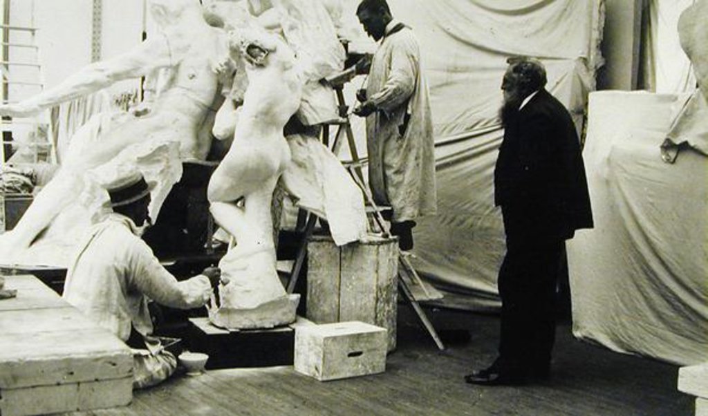 Detail of Auguste Rodin in his Paris studio watching the construction of a sculpture, 1905 by Anonymous