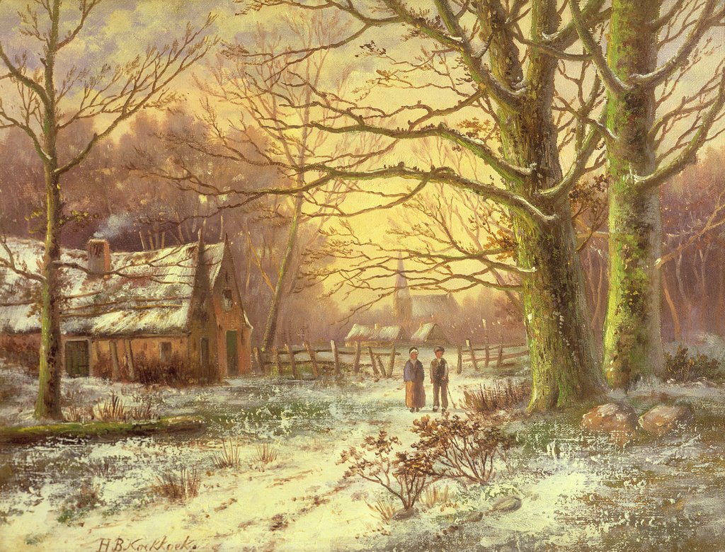 Detail of Figures on a path before a village in winter by Johannes Hermann Barend Koekkoek
