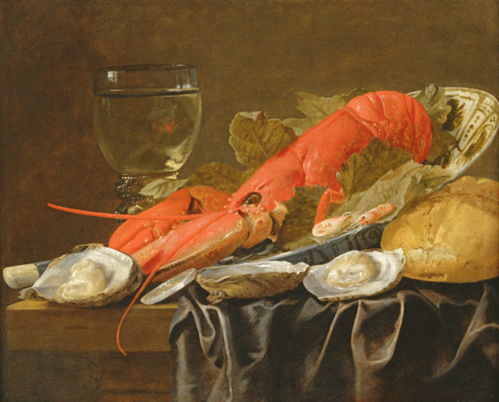 Detail of Still life with lobster, shrimp, roemer, oysters and bread by Christiaan Luykx or Luycks
