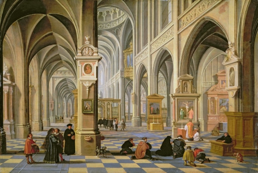 Detail of Church interior, with people at prayer in the foreground and a small procession in the main aisle by Bartolomeus van Bassen