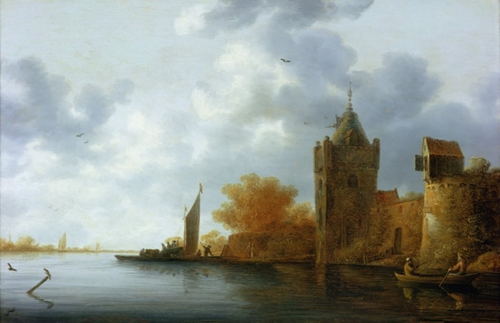 Detail of River estuary with a tower and fortified walls, ferry embarking by Jan Coelenbier