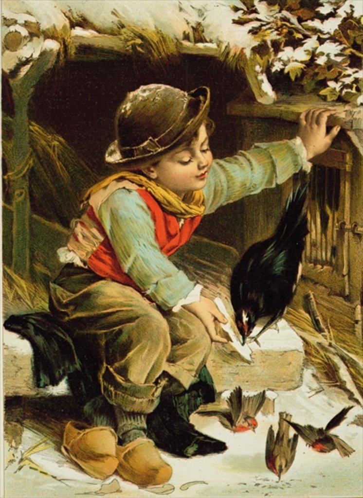 Detail of Young Boy with Birds in the Snow by English School