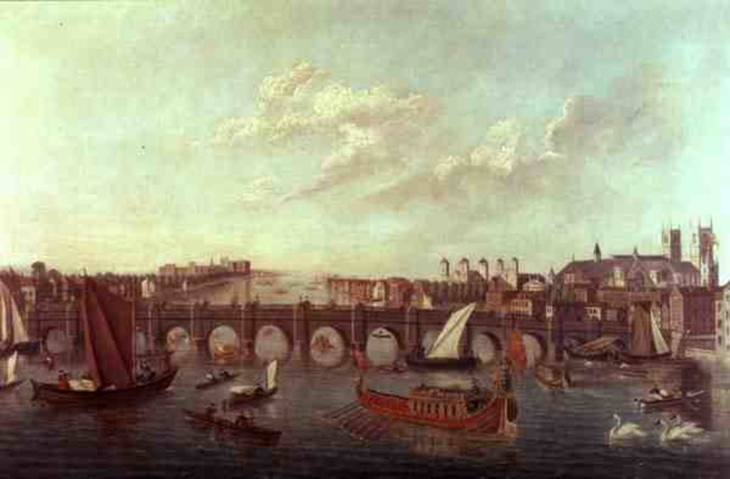 Detail of Westminster Bridge, with Westminster Abbey and Lambeth Palace either side by Samuel (after) Scott
