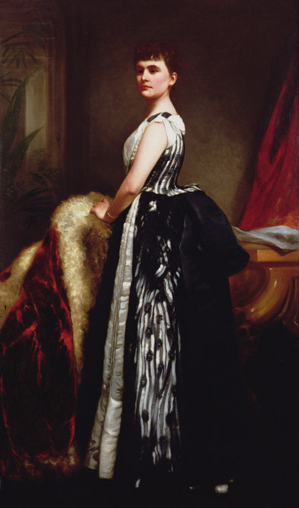 Detail of Portrait of a young woman wearing a striped dress and standing in an interior by James Sant