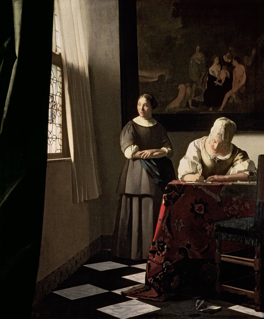 Detail of Lady writing a letter with her maid, c.1670 by Jan Vermeer