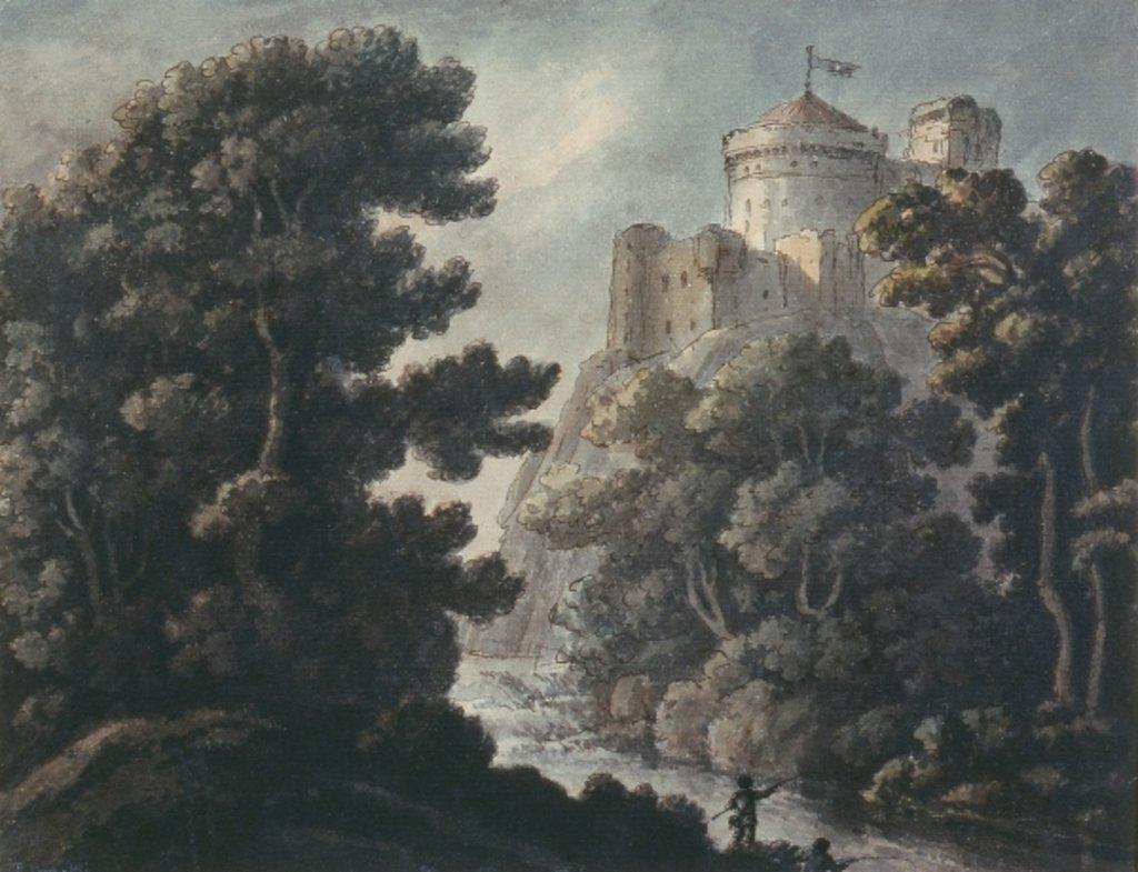 Detail of Landscape with castle on a rock by Robert Adam