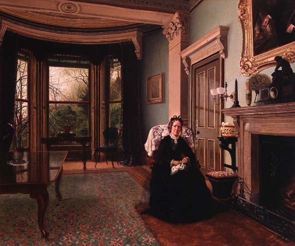 Detail of Victorian interior with seated lady by Charles Frederick Lowcock