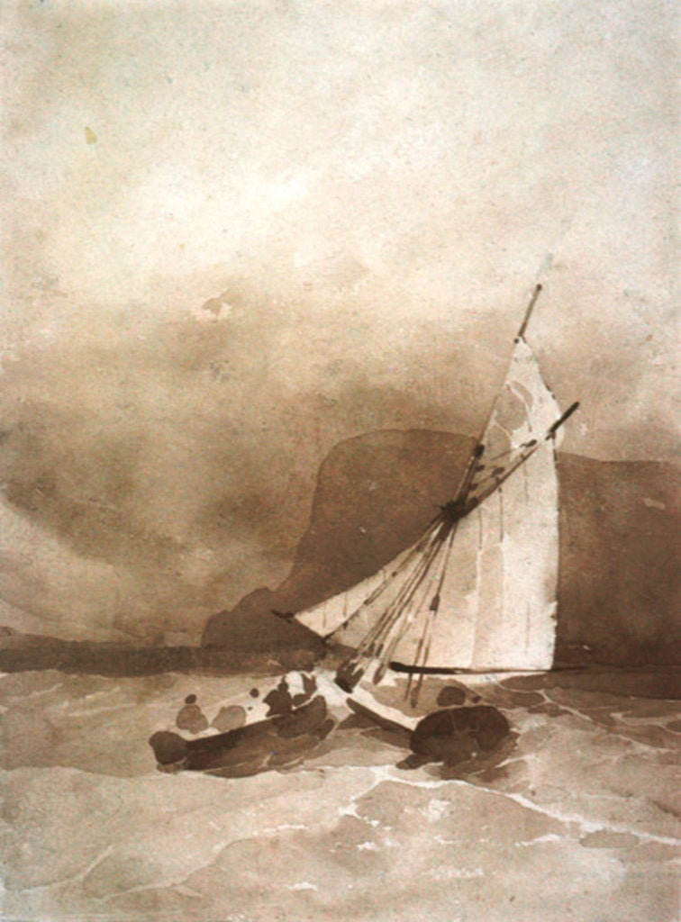 Detail of A Sailing-vessel and a Rowing-boat in rough seas off Beachy Head, Sussex by Richard Parkes (attr. to) Bonington