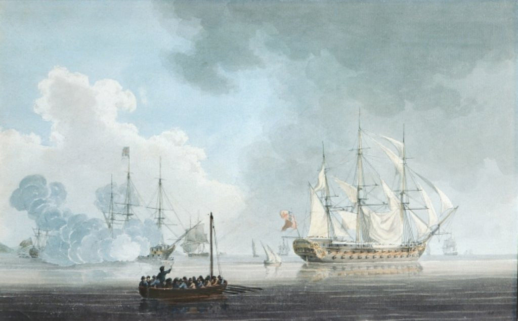 Detail of English Ships of War, one firing a Salute by Robert Cleveley