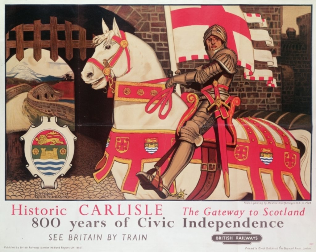 Detail of British Rail poster advertising 'Historic Carlisle, Gateway to Scotland', 1924 by Maurice Greiffenhagen