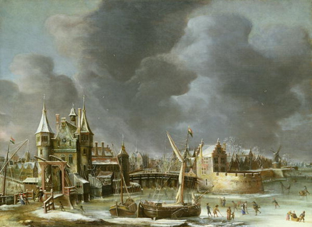 Detail of A View of the Regulierspoort, Amsterdam, in winter by Jan Abrahamsz. Beerstraten