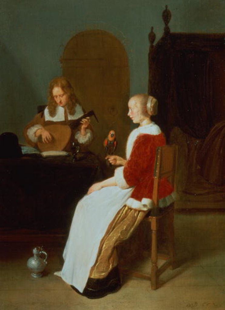 Detail of An interior with a lute player and a woman holding a parrot by Quiringh Gerritsz. van Brekelenkam