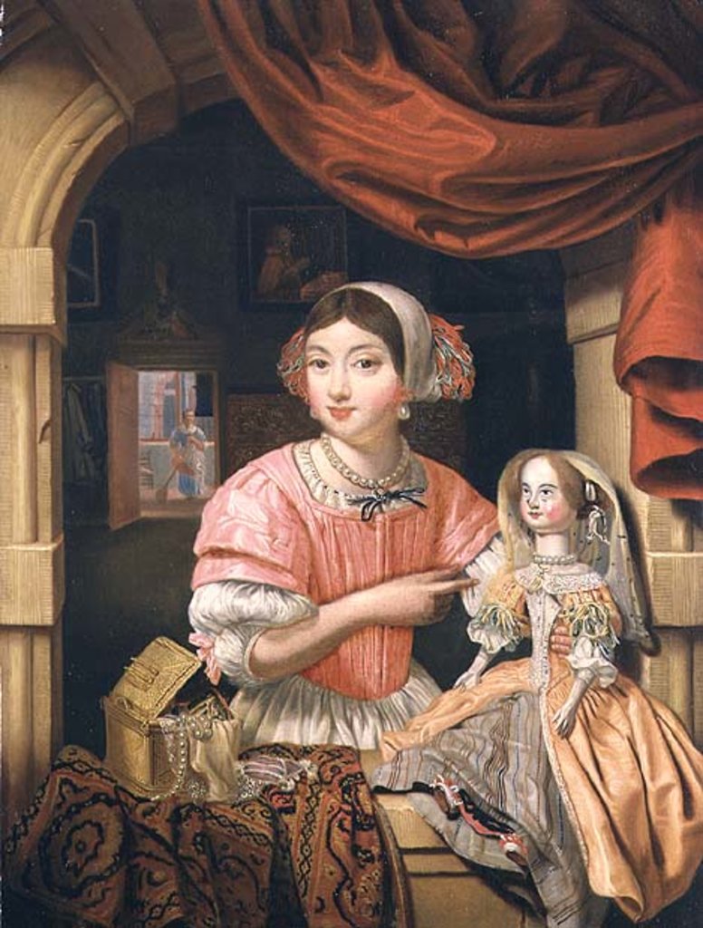 Detail of Girl holding a doll in an interior with a maid sweeping behind by Edwaert Colyer or Collier