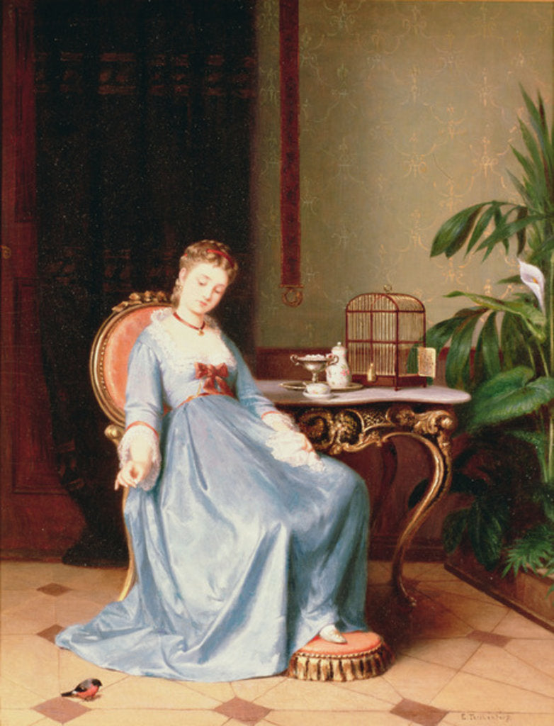 Detail of Feeding the pet bullfinch by Emil Teschendorff