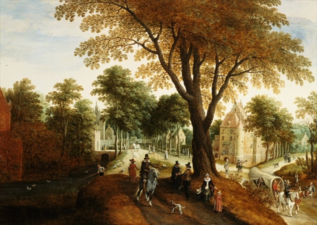 Detail of Elegant Horsemen and figures on a path in front of a chateau by Sebastian Vrancx
