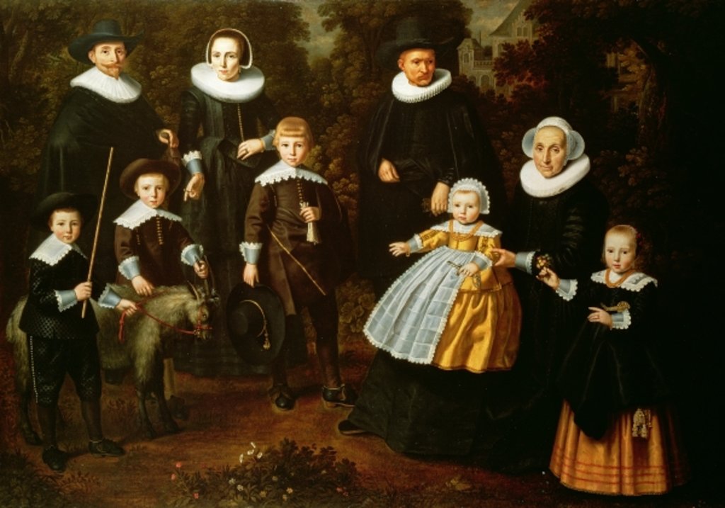 Detail of Group portrait of three generations of a family in the grounds of a country house by Dirck Santvoort