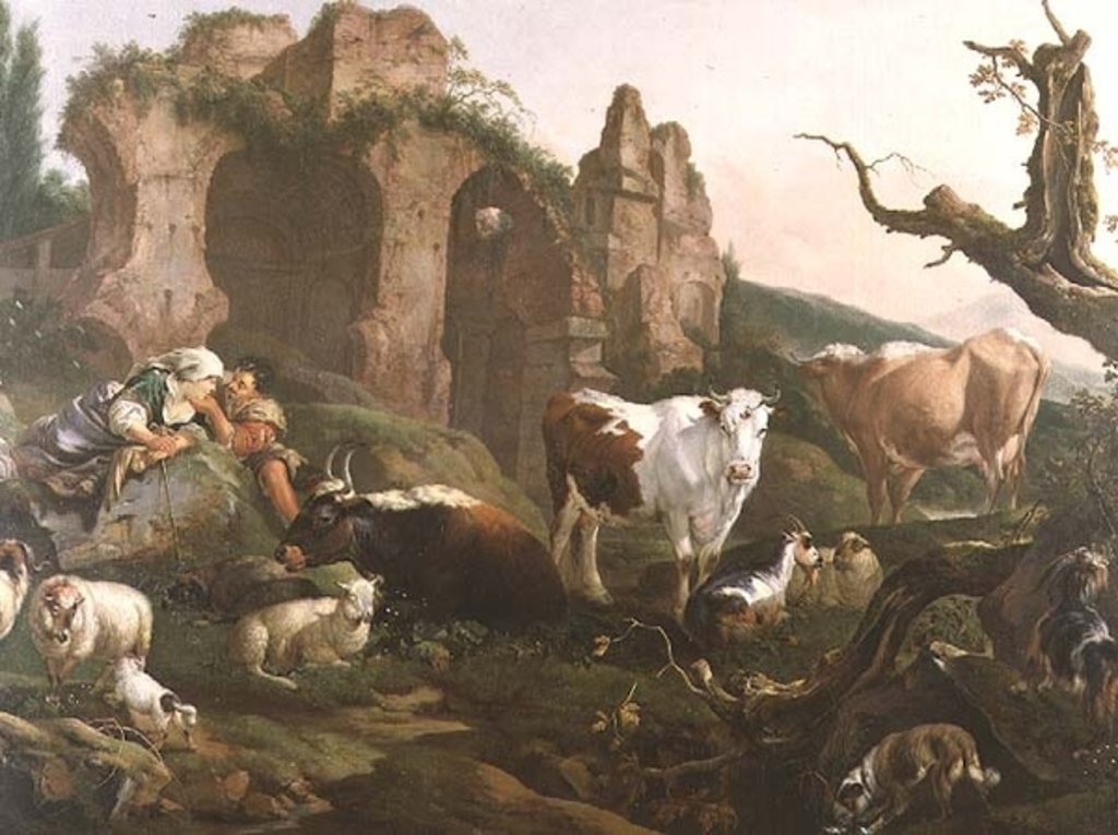 Detail of Farm animals in a landscape, 1685 by Johann Heinrich Roos