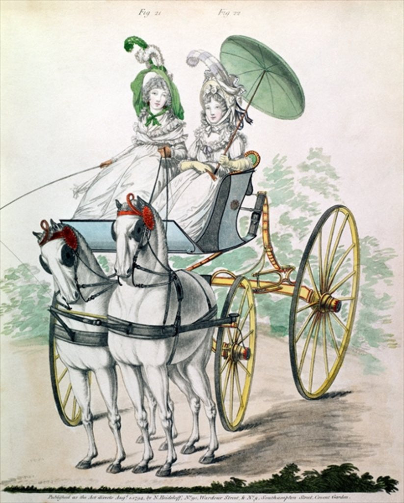 Detail of Two young ladies in calico gowns, taking an airing in a phaeton by Humphry Repton