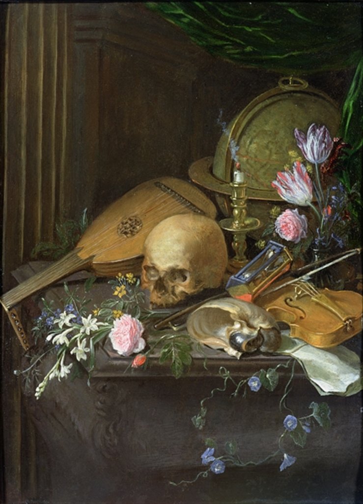 Detail of A Vanitas Still Life with a Nautilus and a Lute by Matthys Naiveu