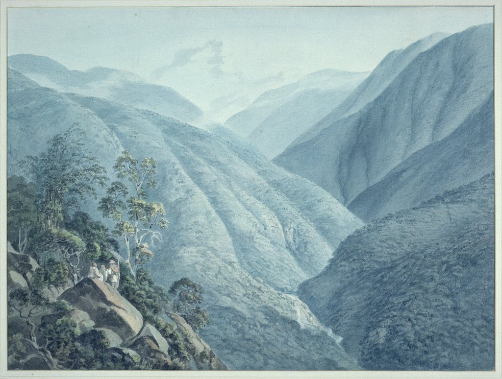 Detail of View from Murichon, looking northwards up the channel of the Teenchoo, on the road to Tacissudon, Bhutan by Samuel Davis