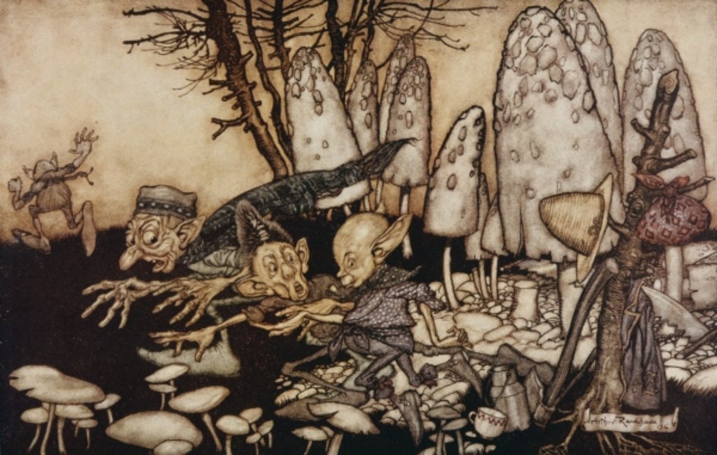 Detail of A band of workmen, who were sawing down a toadstool, rushed away, leaving their tools behind them by Arthur Rackham
