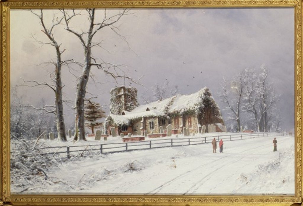 Detail of Winter Scene with Figures on a Path near a Church by Nils Hans Christiansen