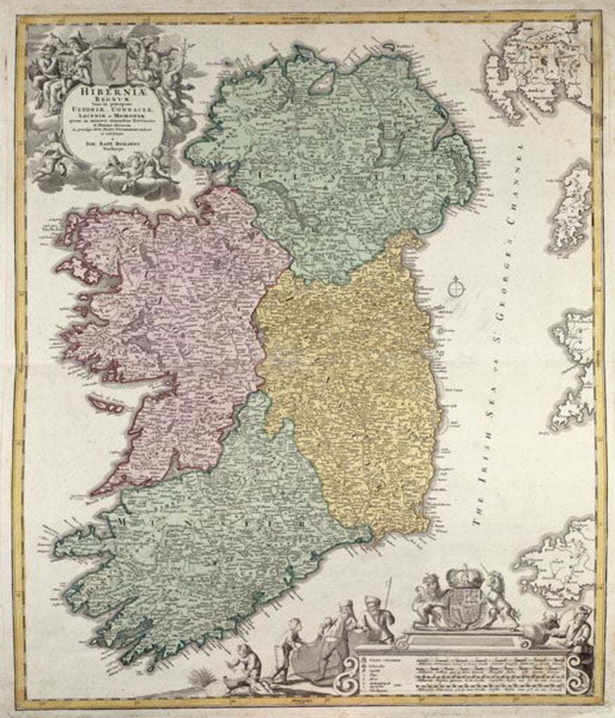 Detail of Map of Ireland showing the Provinces of Ulster, Munster, Connaught and Leinster by Johann Baptista Homann