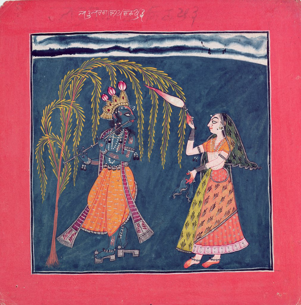 Detail of Krishna playing a flute by School Pahari