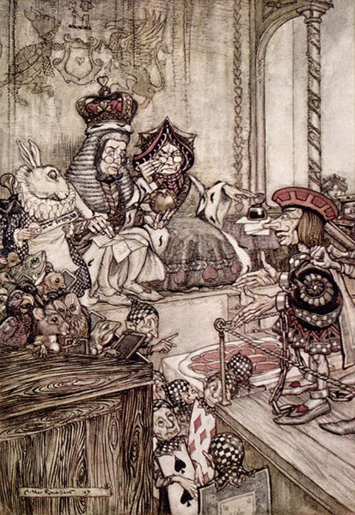 Detail of Knave before the King and Queen of Hearts, illustration to 'Alice's Adventures in Wonderland' by Lewis Carroll 1907 by Arthur Rackham