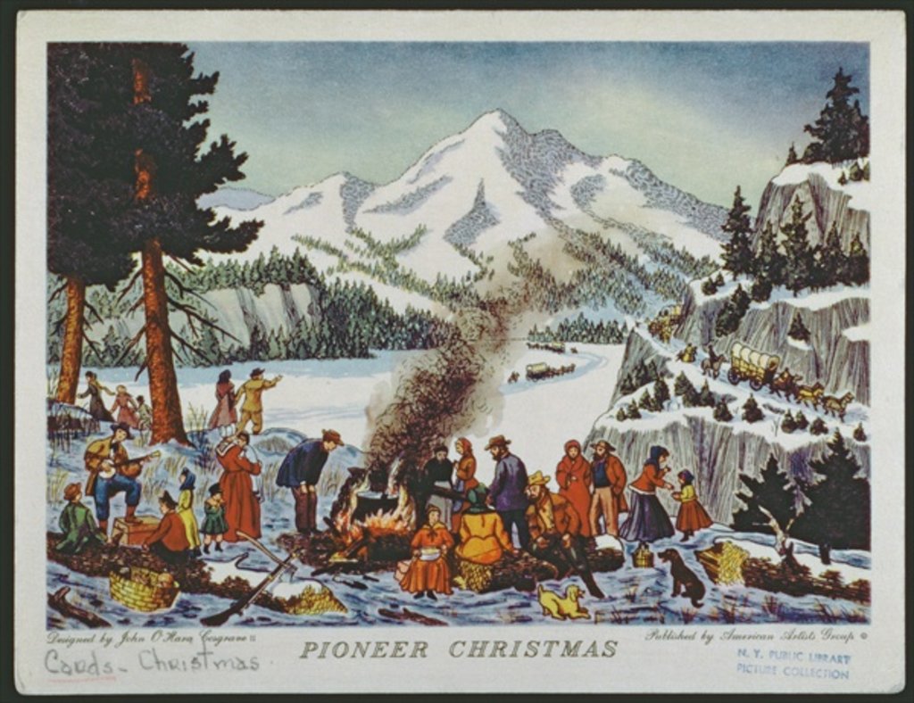Detail of Christmas card depicting a Pioneer Christmas by American School