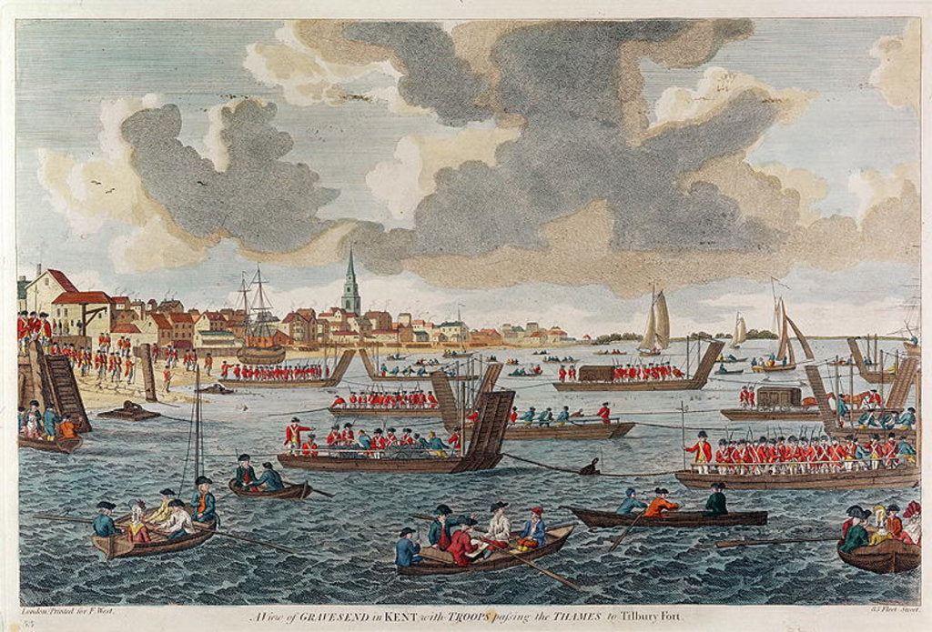 Detail of View of Gravesend with troops crossing the Thames to Tilbury Fort by English School