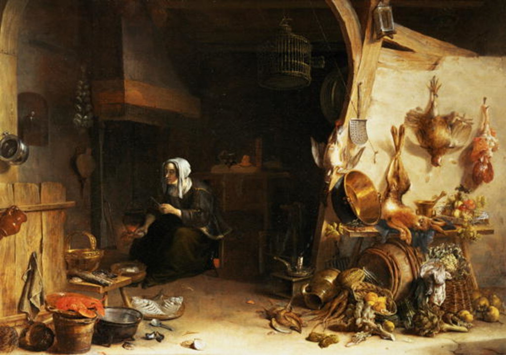 Detail of A Kitchen Interior with a Servant Girl Surrounded by Utensils, Vegetables and a Lobster on a Plate by Cornelis van Lelienbergh
