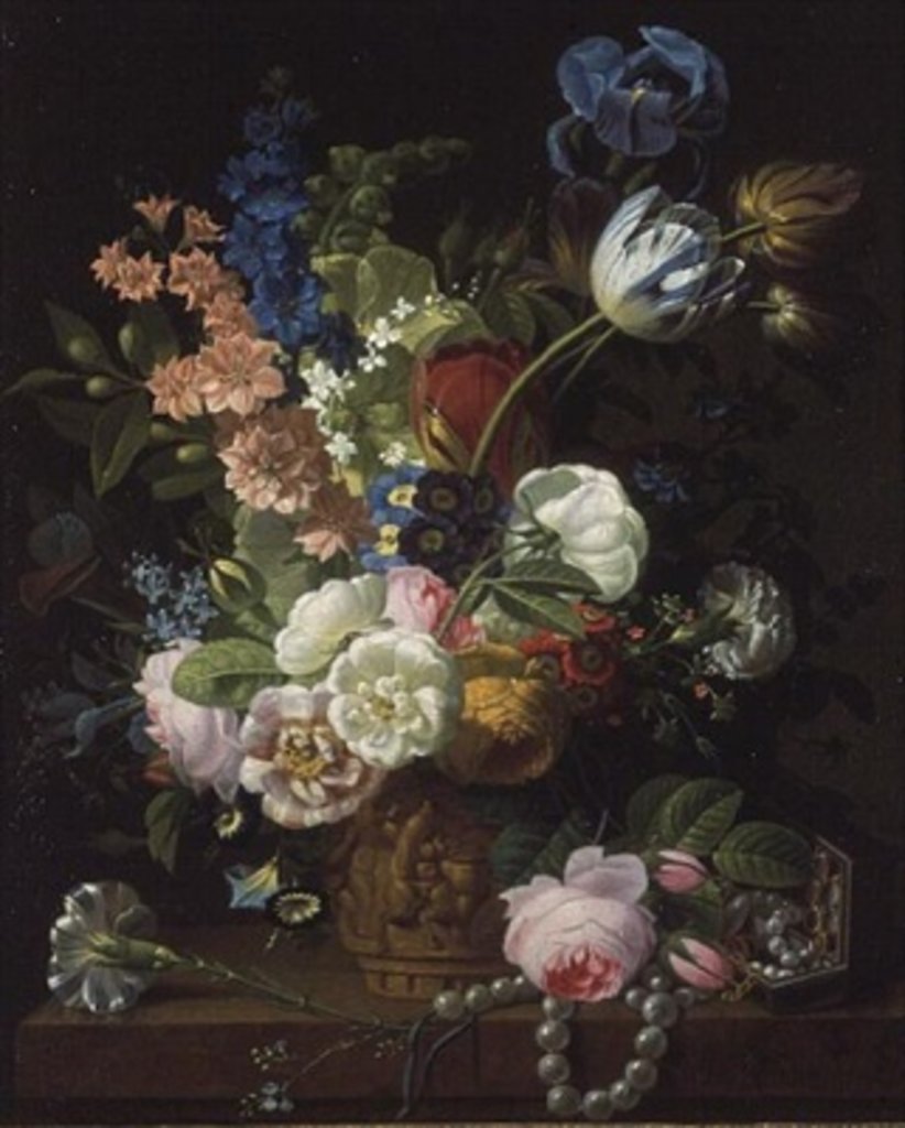Detail of A Still Life of Roses, Tulips, Carnations, Stocks and Other Flowers in a Decorative Urn, Resting on a Stone Ledge by Jean-Louis Prevost