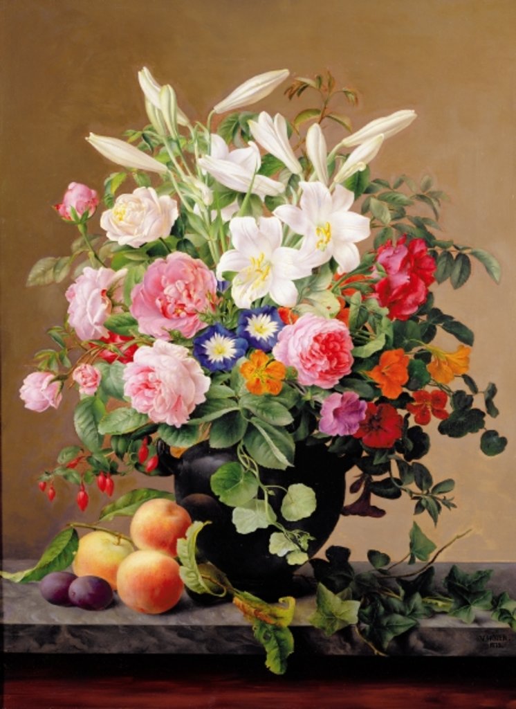 Detail of Still Life with Flowers and Fruit by V. Hoier
