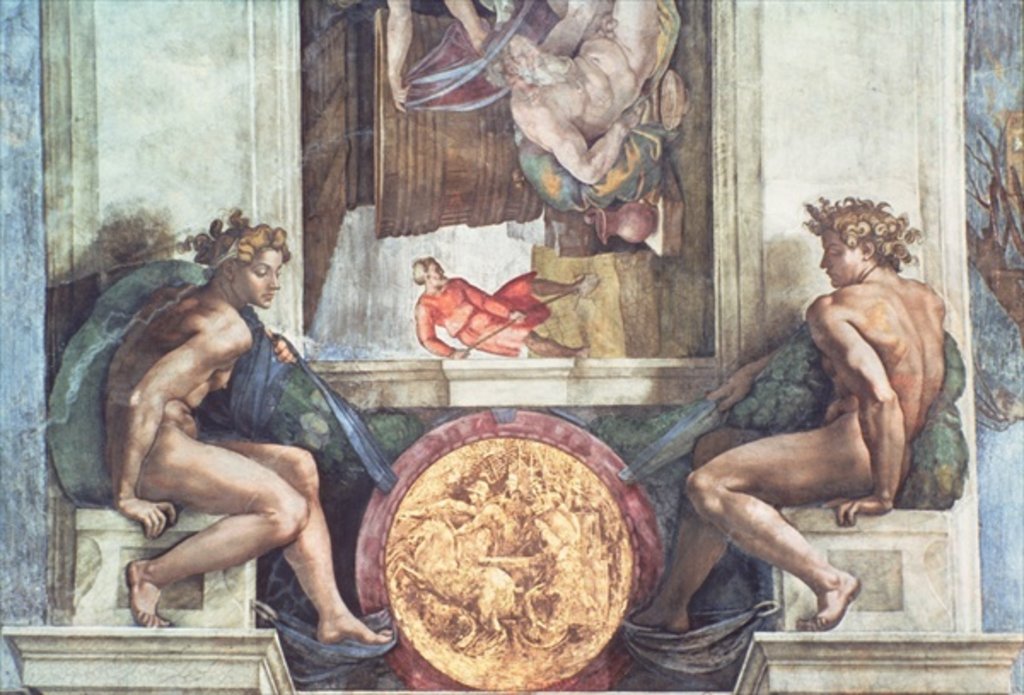 Detail of Sistine Chapel Ceiling: Ignudi by Michelangelo Buonarroti