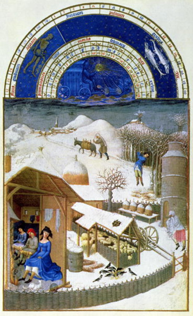 Detail of Facsimile of February: farmyard scene with peasants by Limbourg Brothers (after)