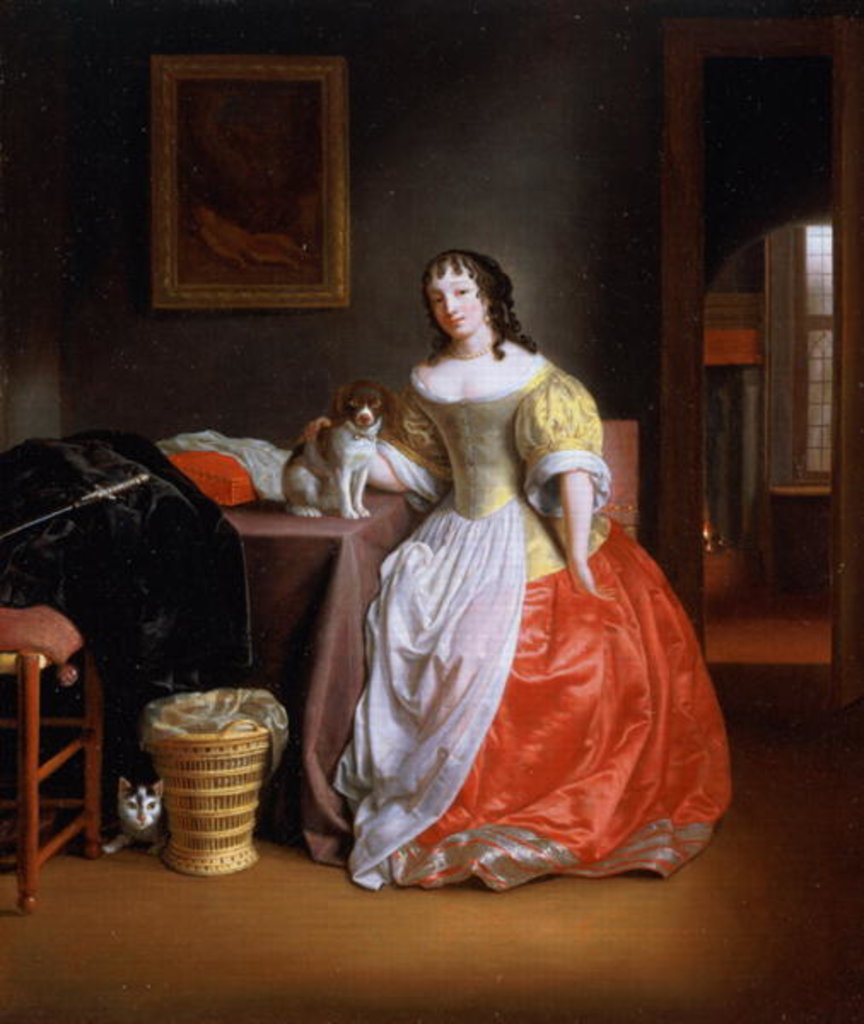 Detail of Lady in a yellow and red dress by Samuel van Hoogstraten