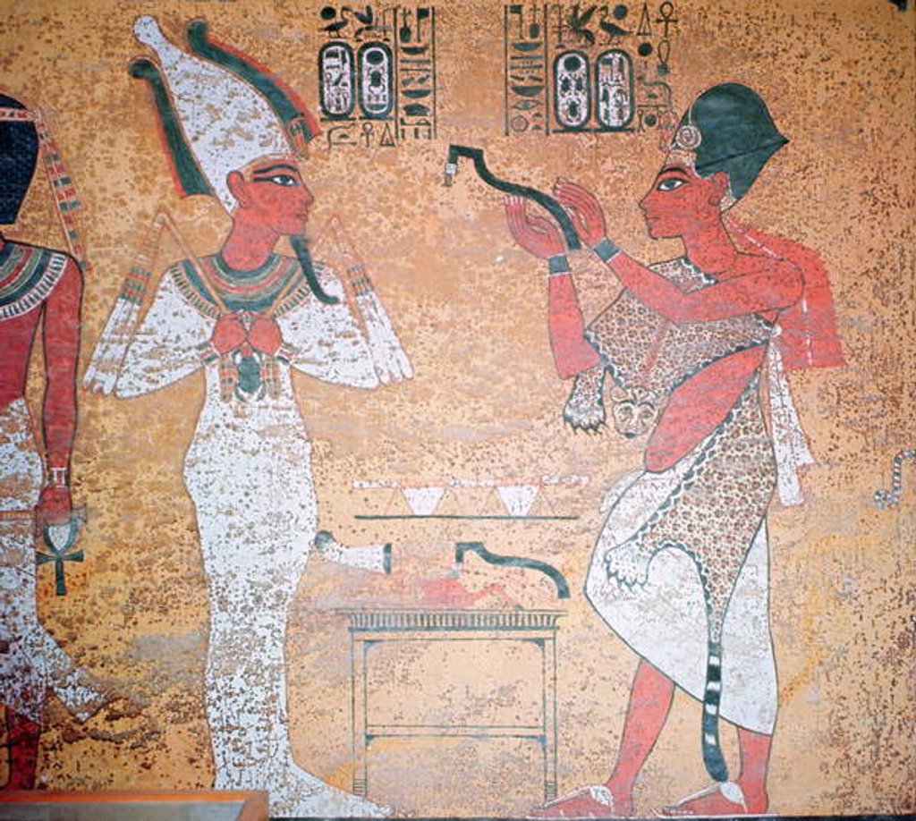 Detail of Ay performing the opening of the mouth ceremony on the mummy of Tutankhamun from the Tomb of Tutankhamun, New Kingdom by Egyptian 18th Dynasty