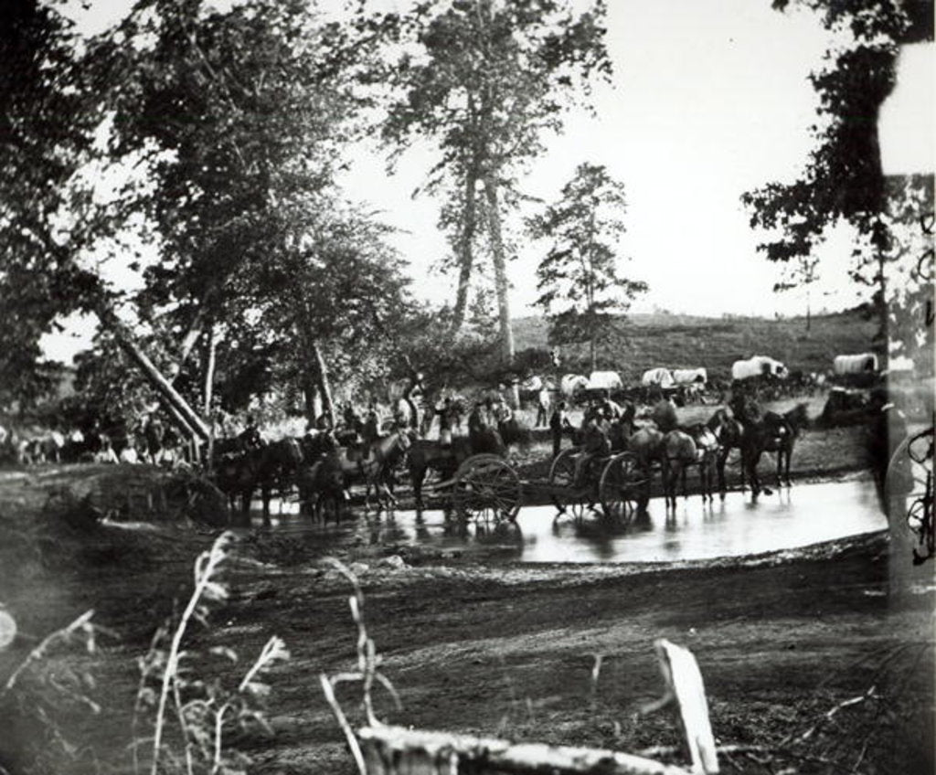Detail of Federal battery fording a tributary of the river Rappahannock on battle day, Cedar Mountain, Virginia, August 9th, 1862 by American Photographer