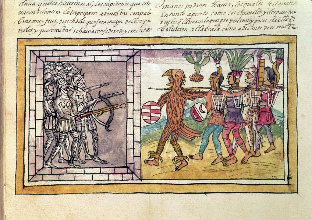 Detail of Codex Duran: Pedro de Alvarado companion-at-arms of Hernando Cortes besieged by Aztec warriors by Diego Duran
