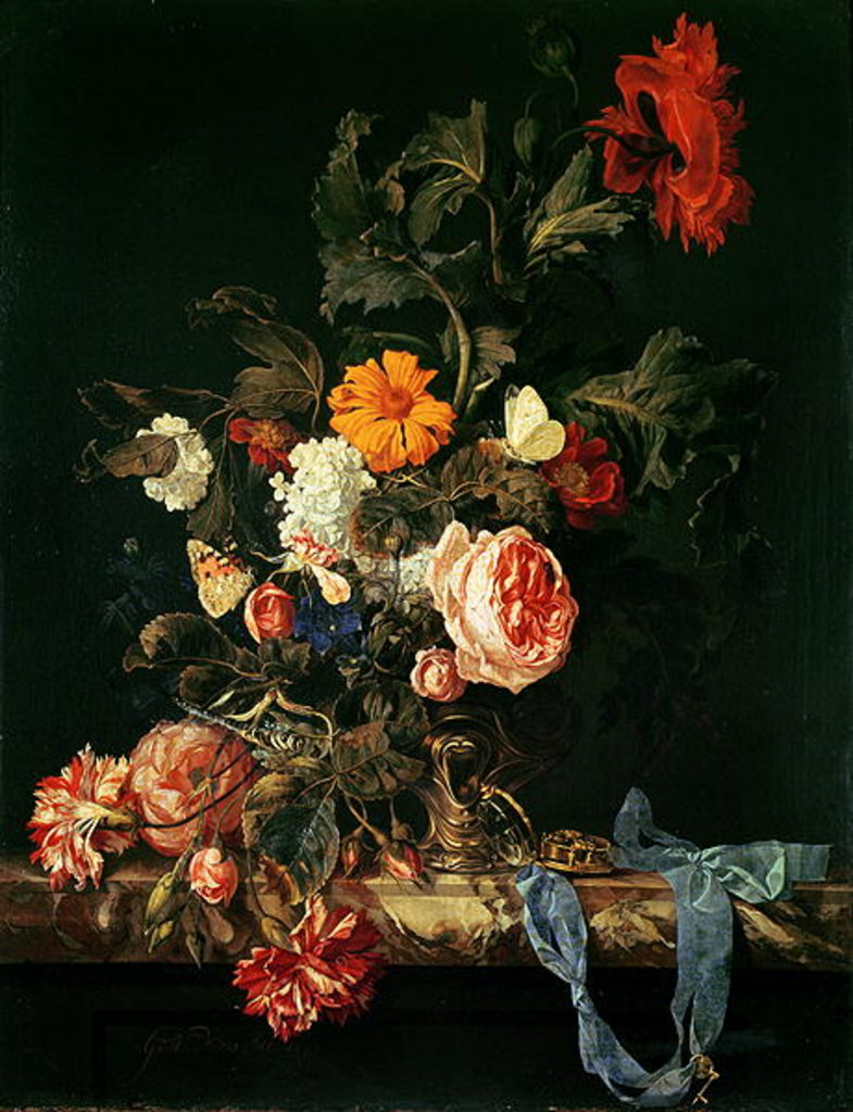 Detail of Flower Still Life with a Timepiece, 1663 by Willem van Aelst