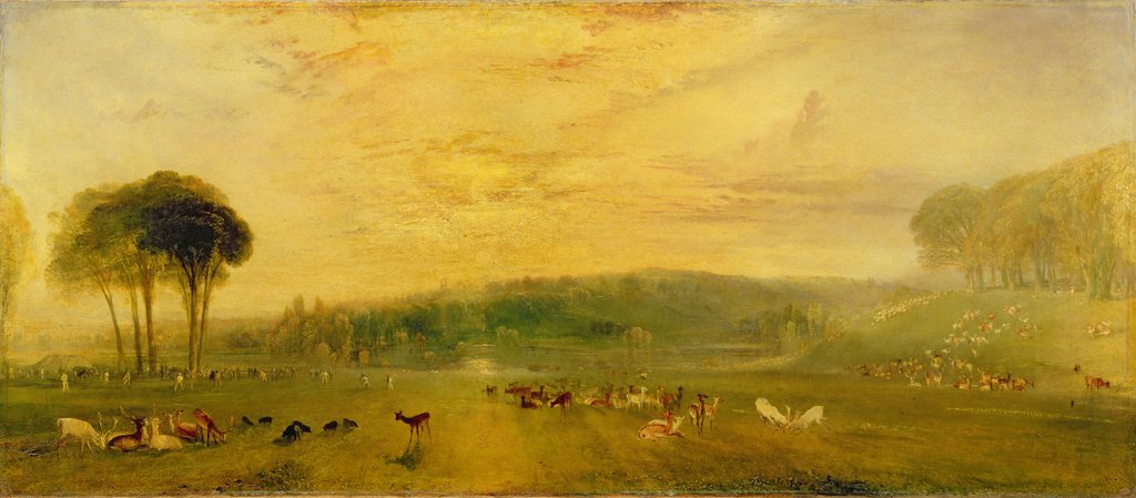 Detail of The Lake, Petworth: Sunset, Fighting Bucks, c.1829 by Joseph Mallord William Turner