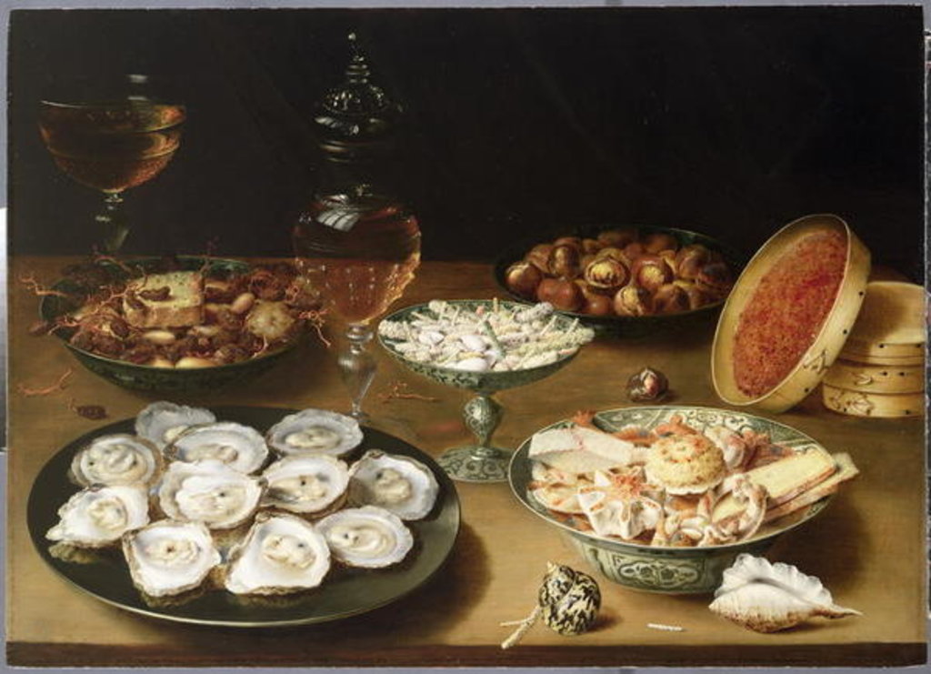 Detail of Still life with oysters, sweetmeats and roasted chestnuts by Osias the Elder Beert