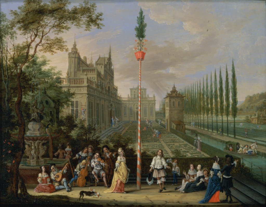 Detail of Elegant figures playing musical instruments around a maypole by Pieter Gysels