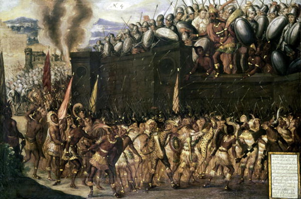 Detail of Montezuma, captured by the Spaniards, pleads with the Aztecs to surrender as they attack his palace in 1520 by Spanish School
