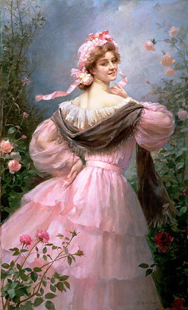 Detail of Elegant woman in a rose garden by Felix Hippolyte-Lucas
