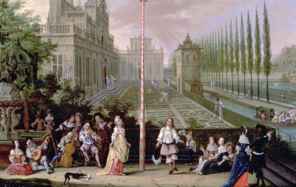 Detail of Detail of elegant figures playing musical instruments around a maypole by Pieter Gysels